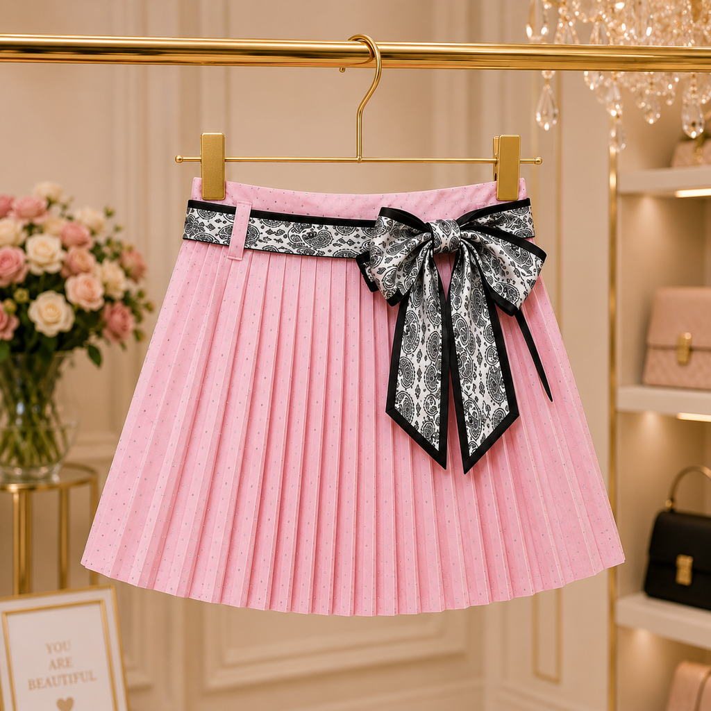 Girls' Elegant Pleated Skirt with Decorative Scarf Belt
