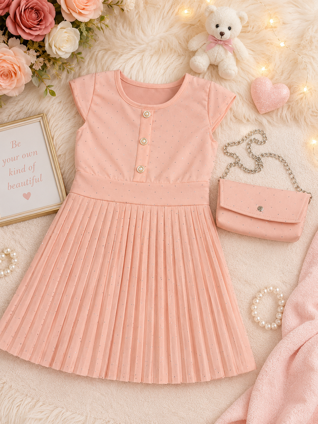 Girls' Elegant Pleated Dress with Matching Crossbody Bag