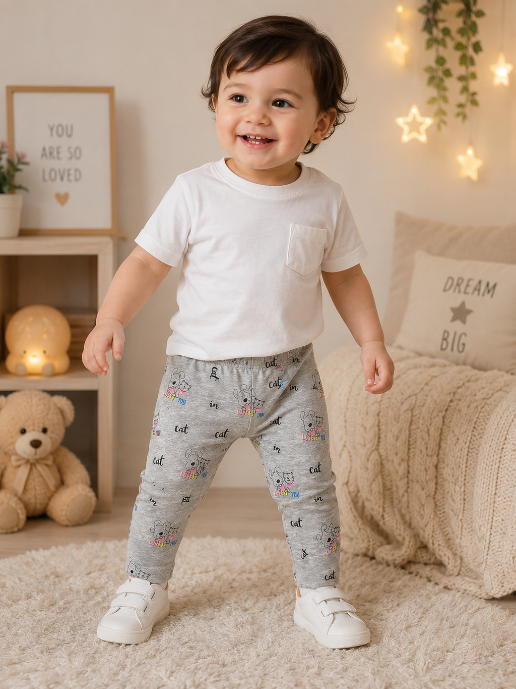Kids Printed Cotton Leggings – Grey