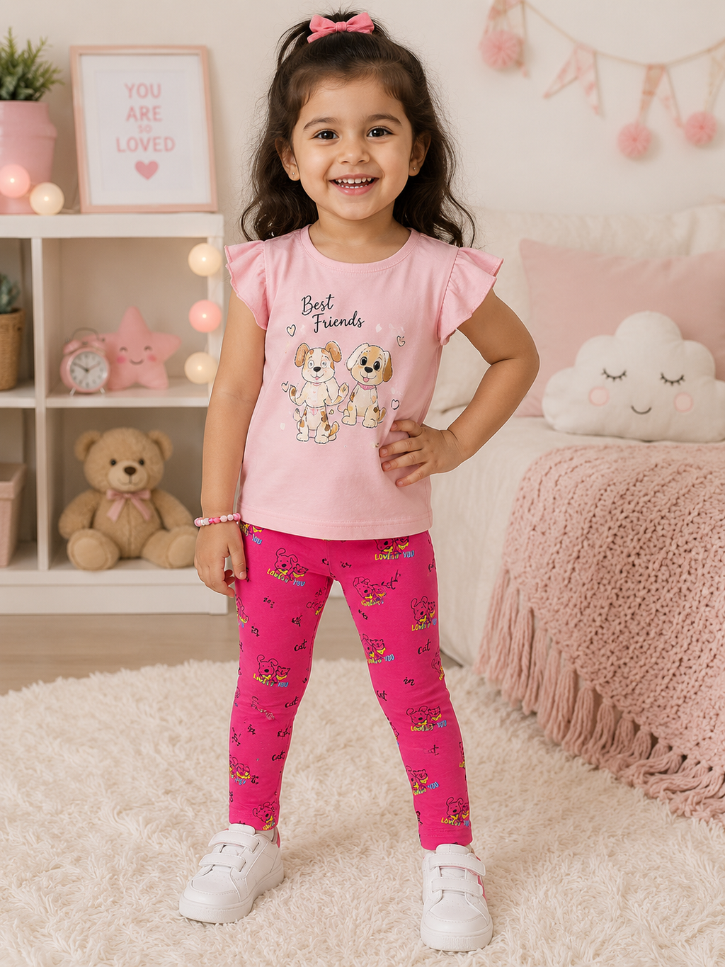 Kids Printed Cotton Leggings – Pink