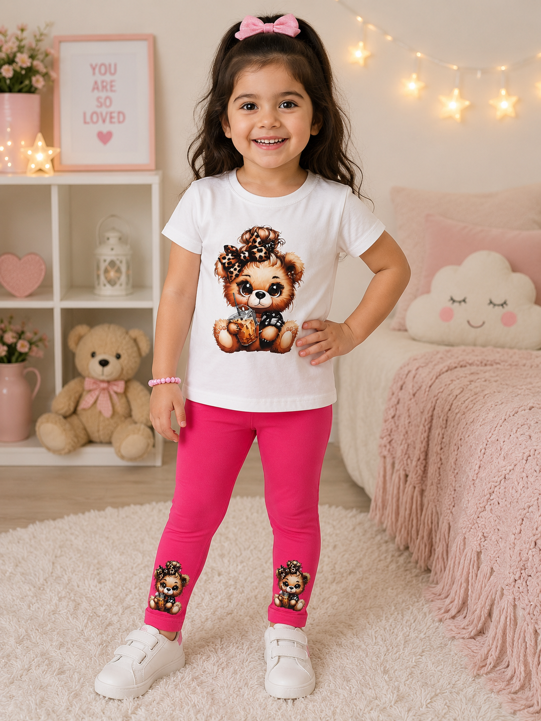 Girls Cute Bear Print T-Shirt & Leggings Set