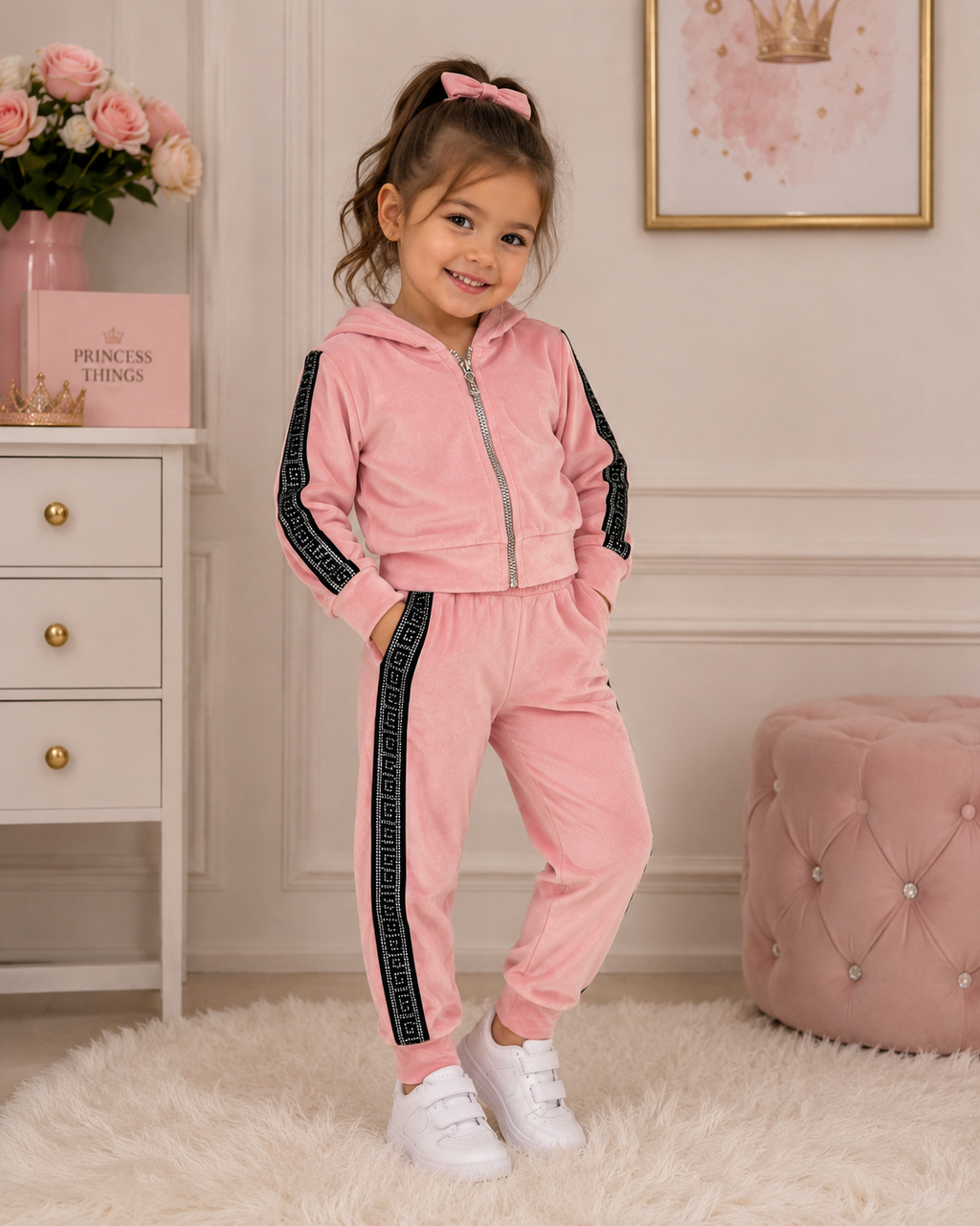 Girls Pink Velour Tracksuit Set