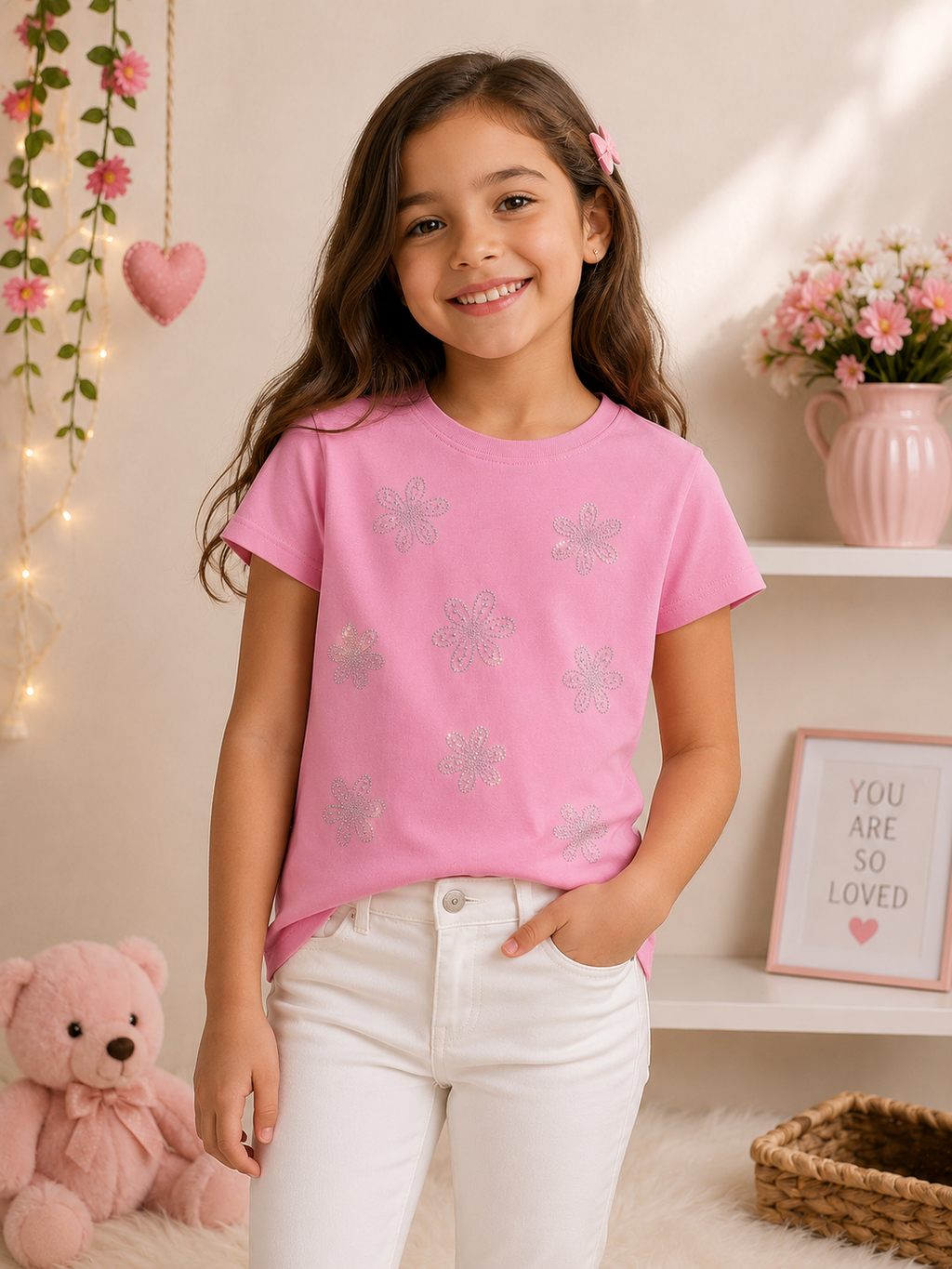 Girls Pink Rhinestone Flower T-Shirt