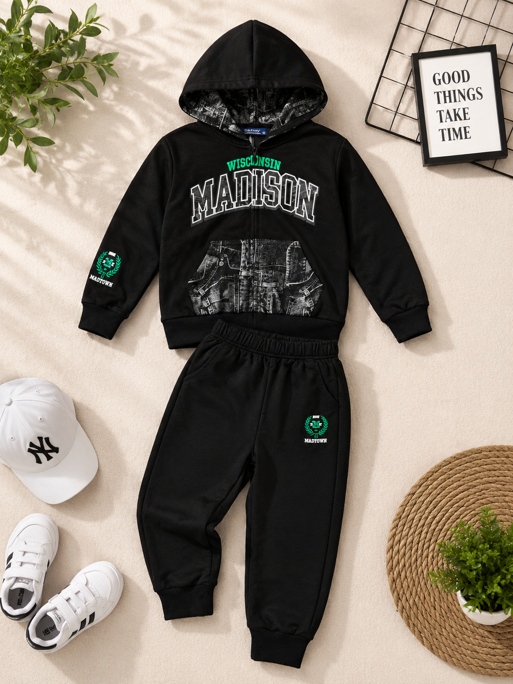 Madison Kids Black Hooded Tracksuit Set.