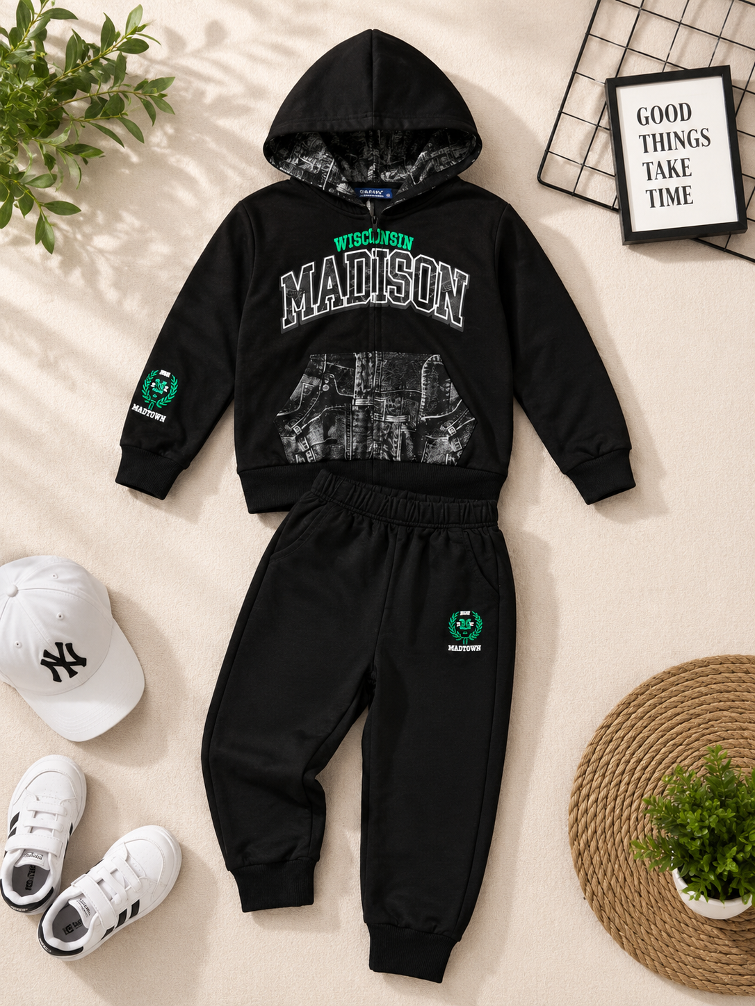 Madison Kids Black Hooded Tracksuit Set.