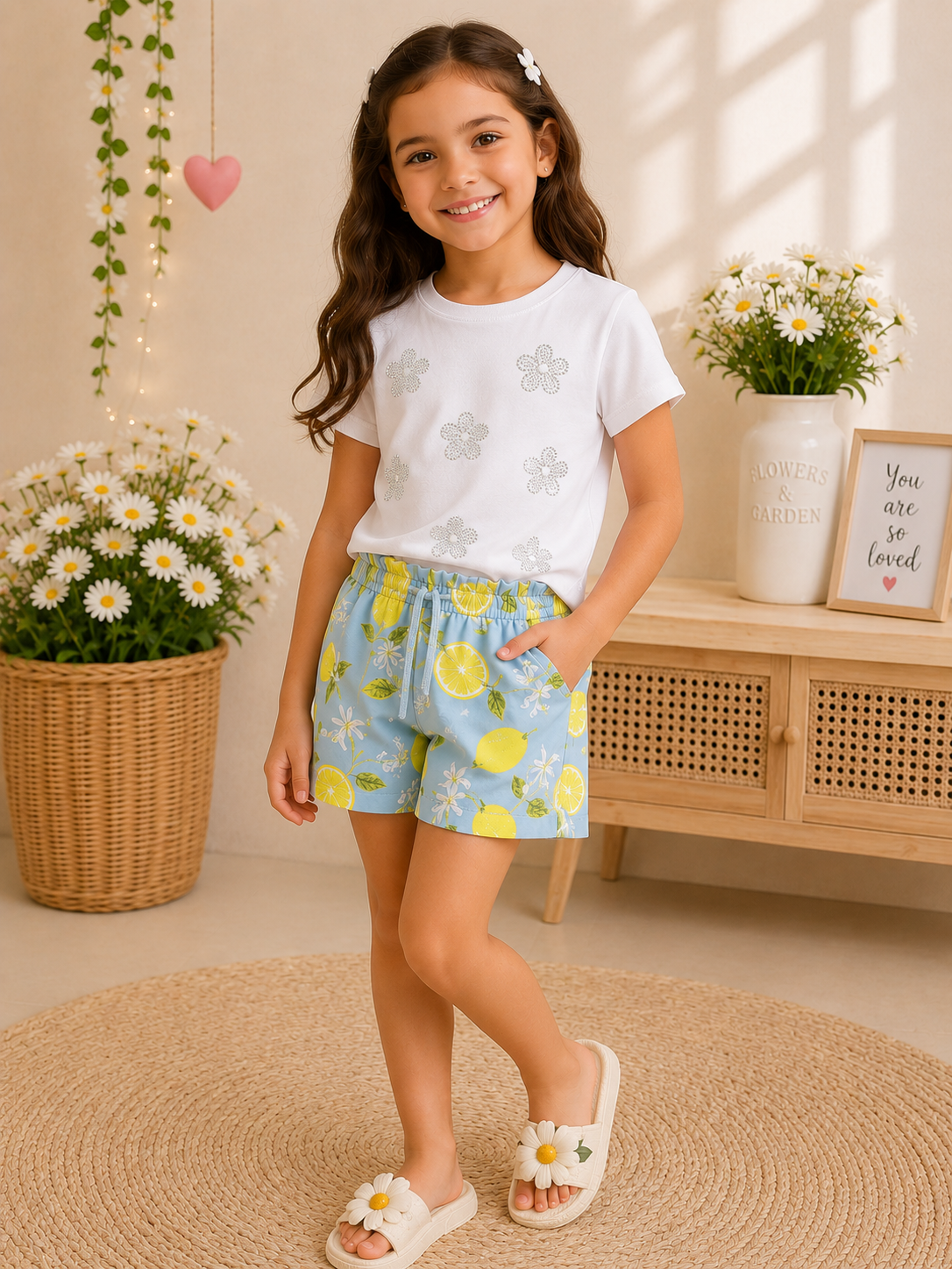 Girls Lemon Print Summer Shorts