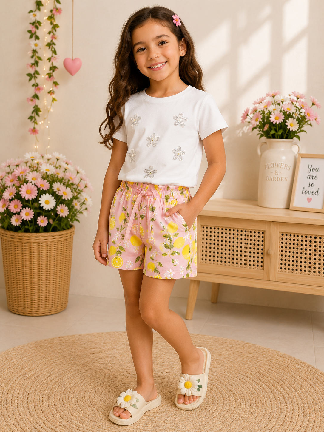 Girls Pink Lemon Print Cotton Summer Shorts