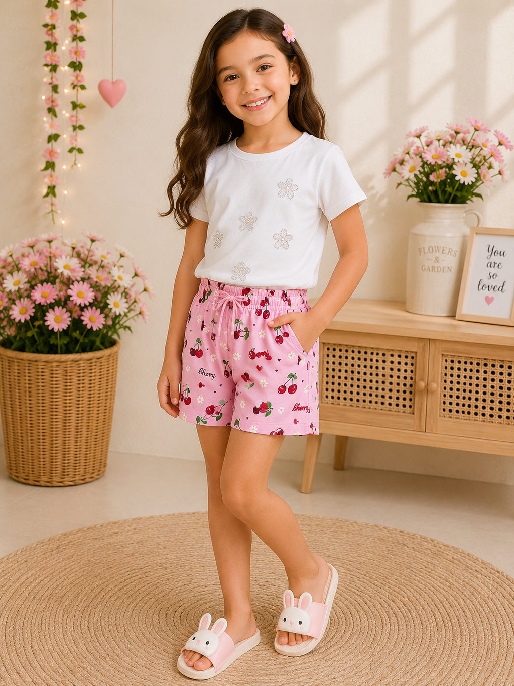 Girls Cherry Print Cotton Summer Shorts