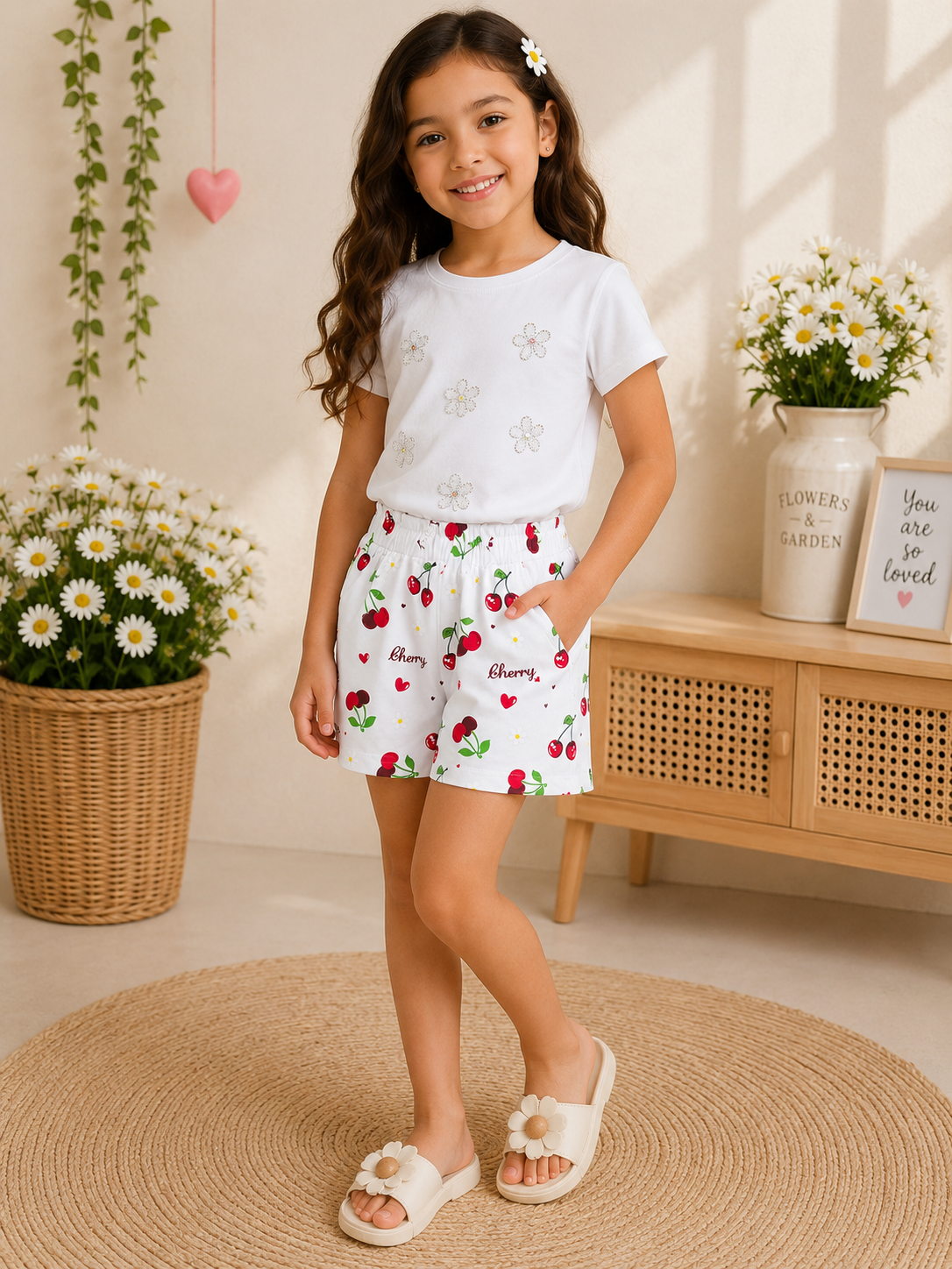 Girls Cherry Print Cotton Summer Shorts