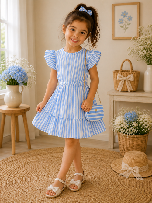 Blue Stripe Princess Dress with Matching Purse & Sparkling Stone Details