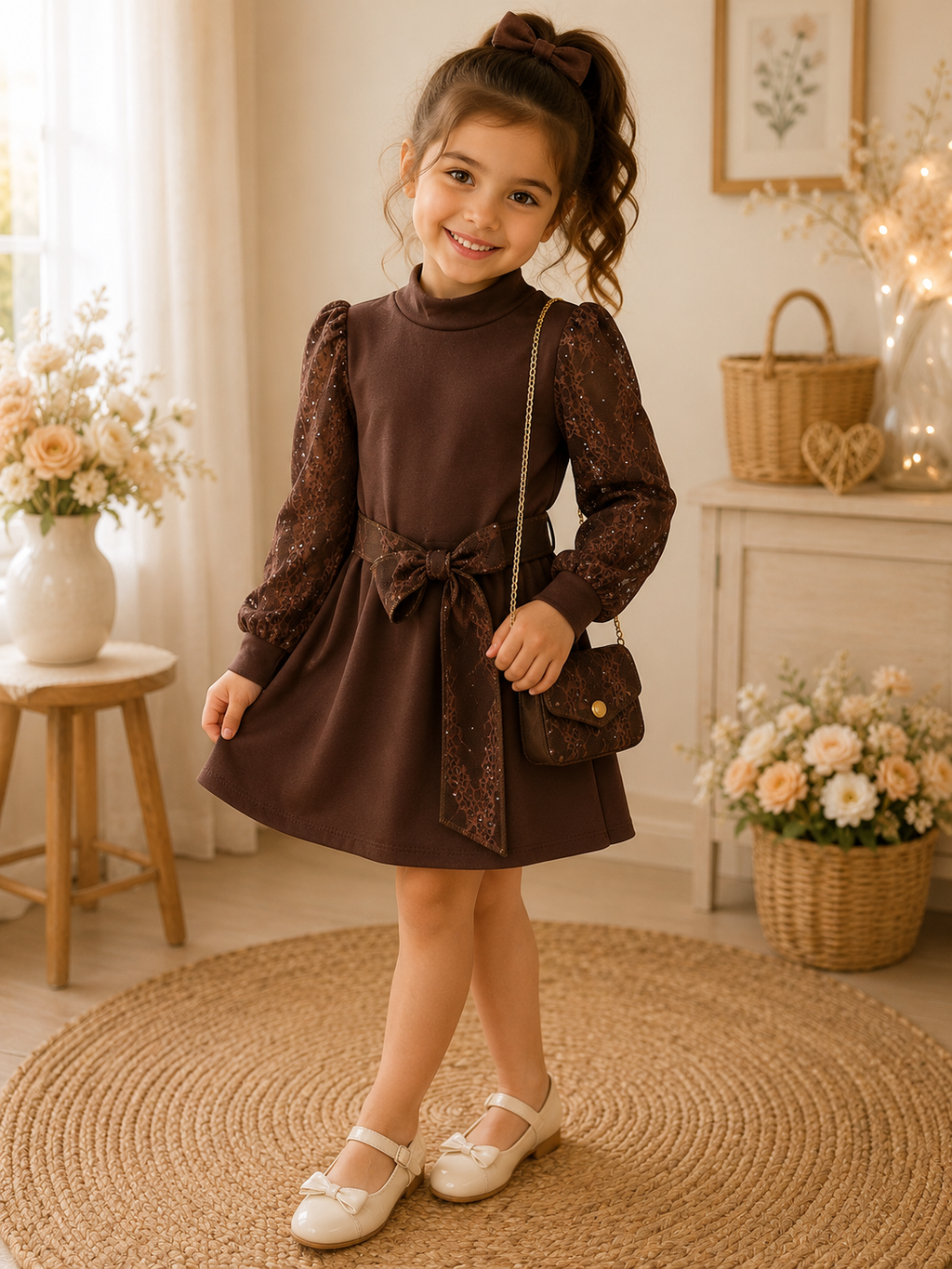 Elegant Chocolate Lace Girls' Dress