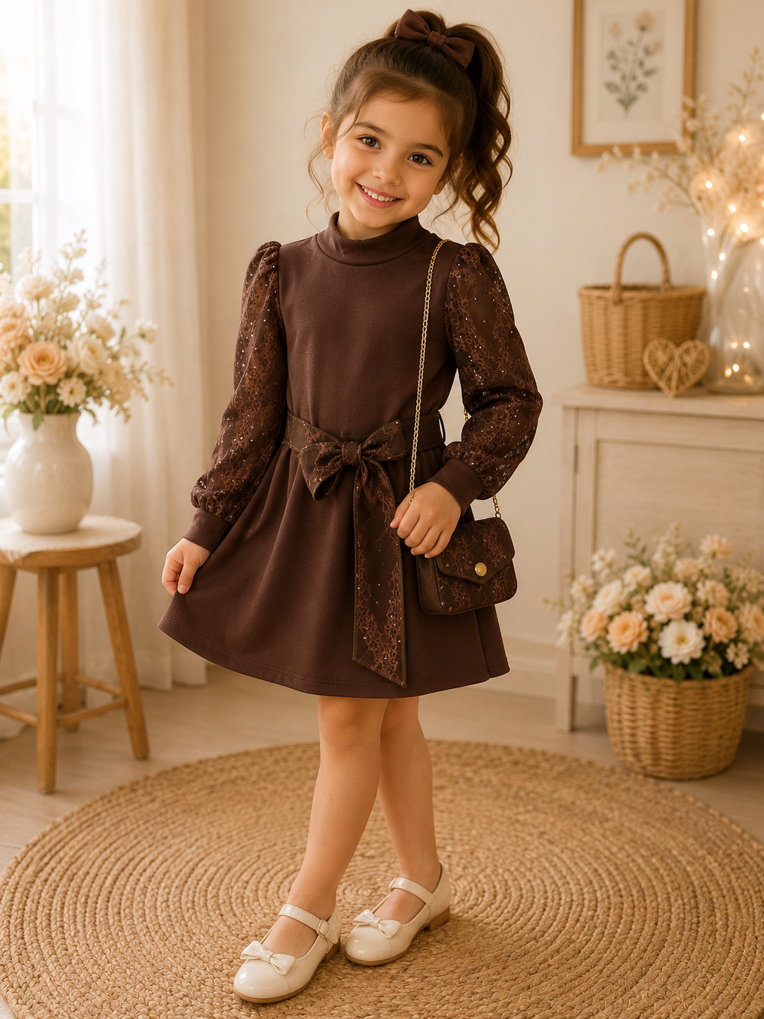 Elegant Chocolate Lace Girls' Dress