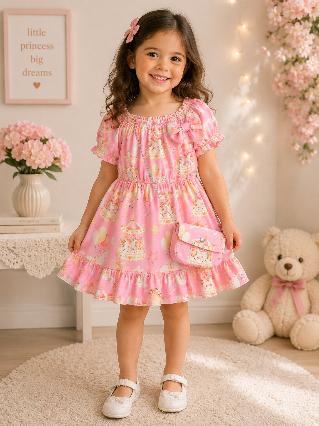 Girls' Pink Carousel Dress with Matching Mini Bag