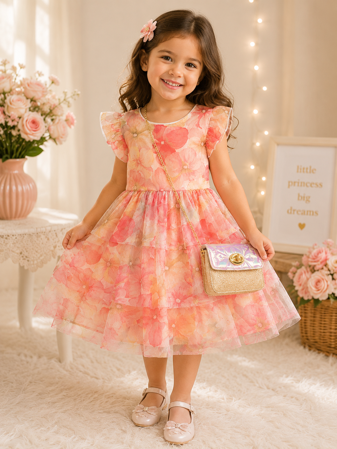 Girls' Elegant Floral Party Dress with Matching Mini Bag