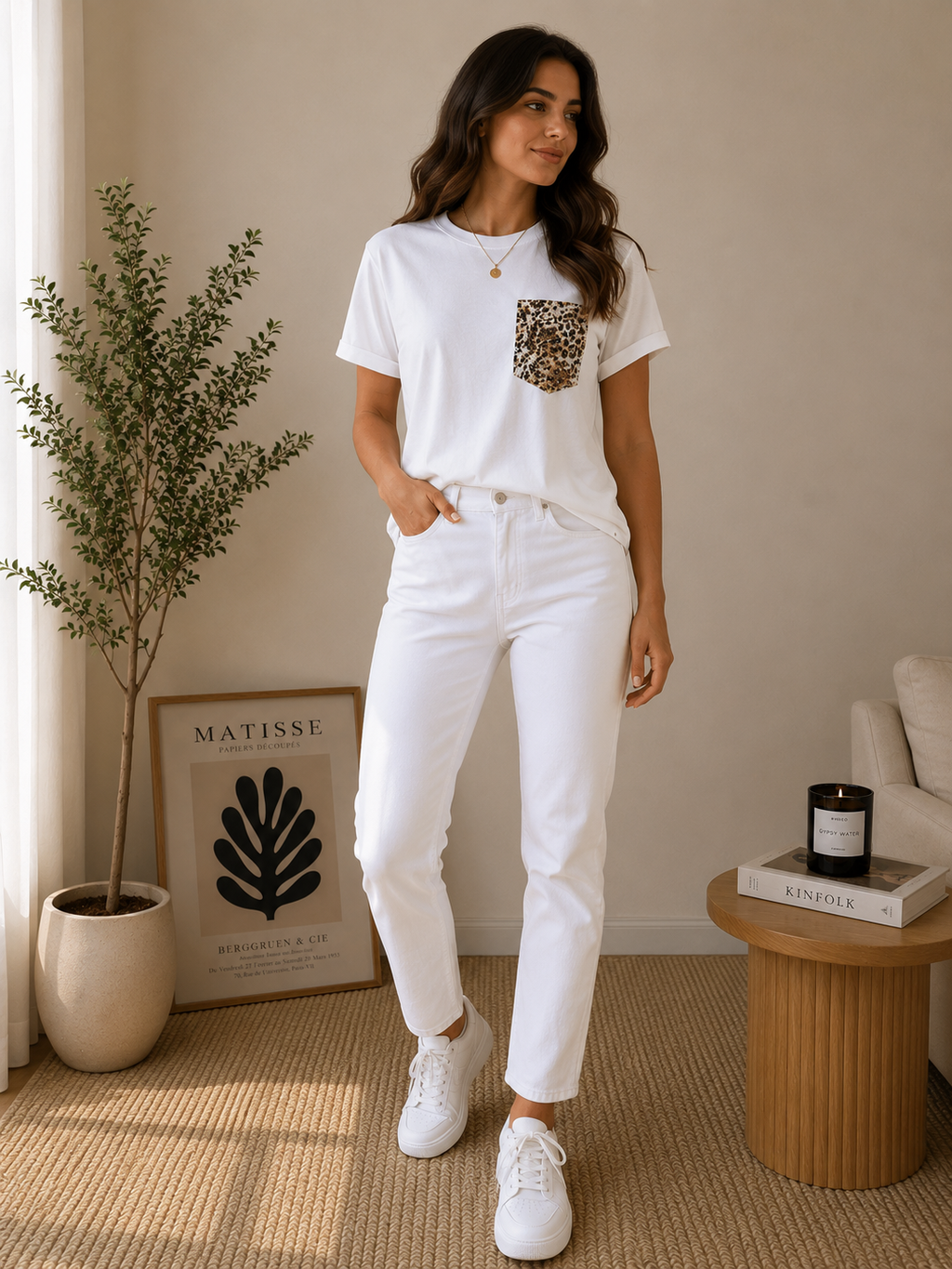 Premium White T-Shirt with Leopard Pocket & Rhinestone Details