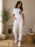 Premium White T-Shirt with Leopard Pocket & Rhinestone Details