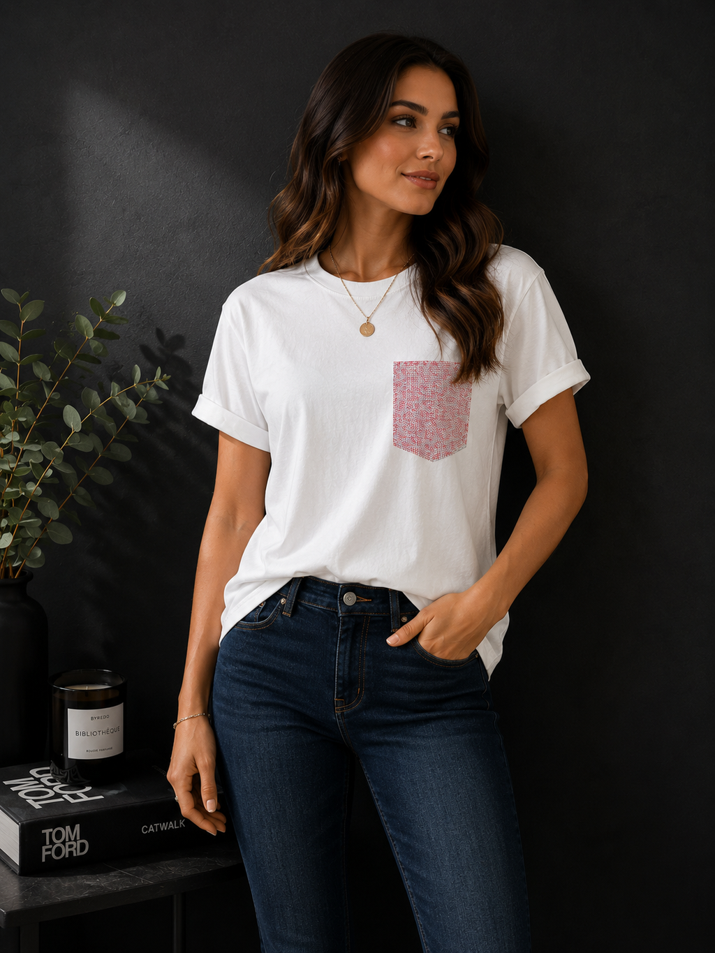 Premium White T-Shirt with Pink Rhinestone Pocket