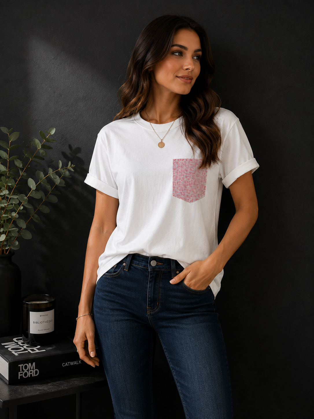Premium White T-Shirt with Pink Rhinestone Pocket