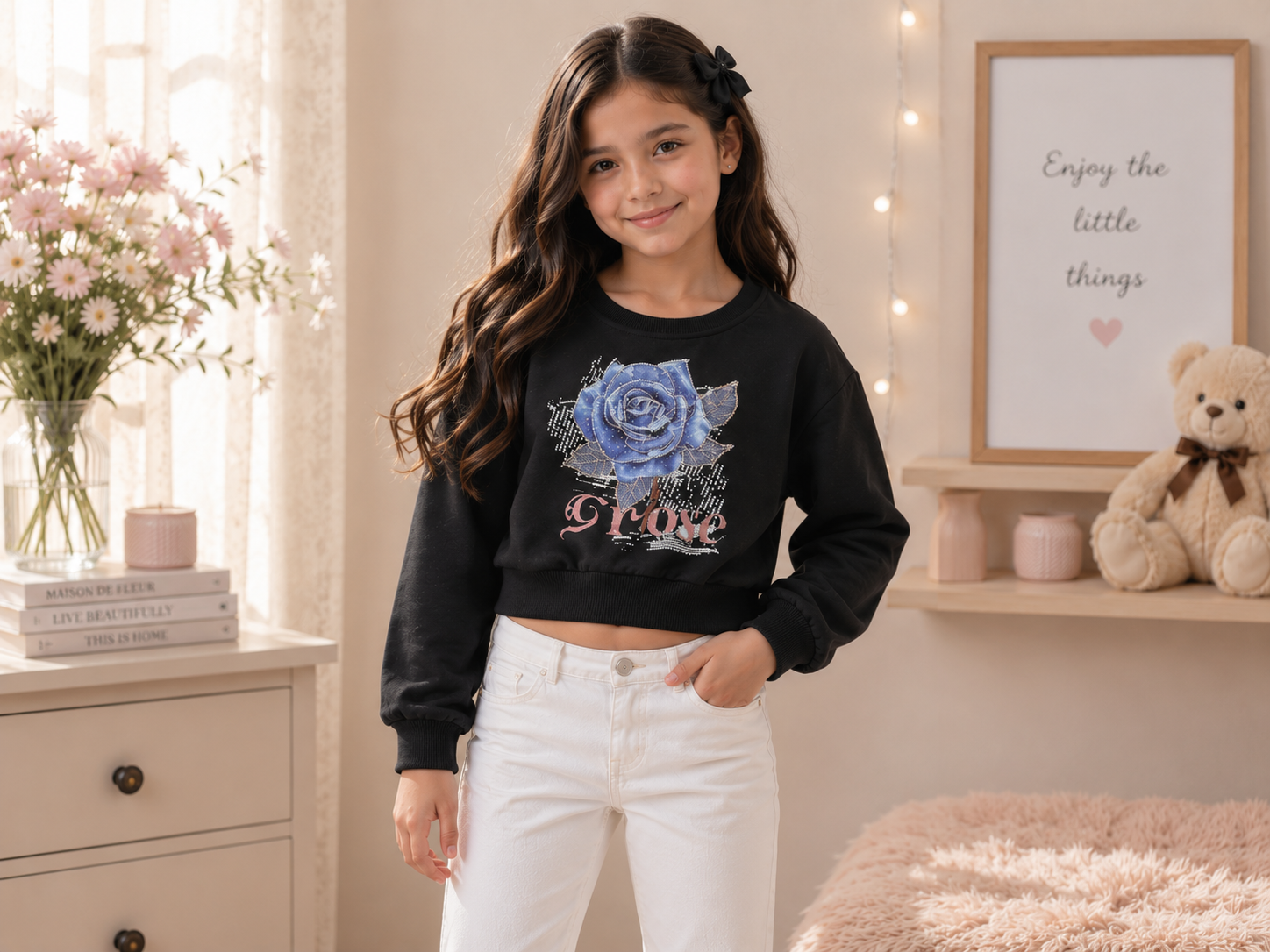 Girls' Rose Print Cropped Sweatshirt