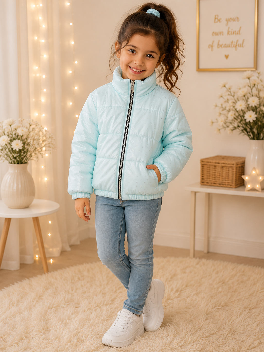 Sparkling Sky Blue Girls' Puffer Jacket
