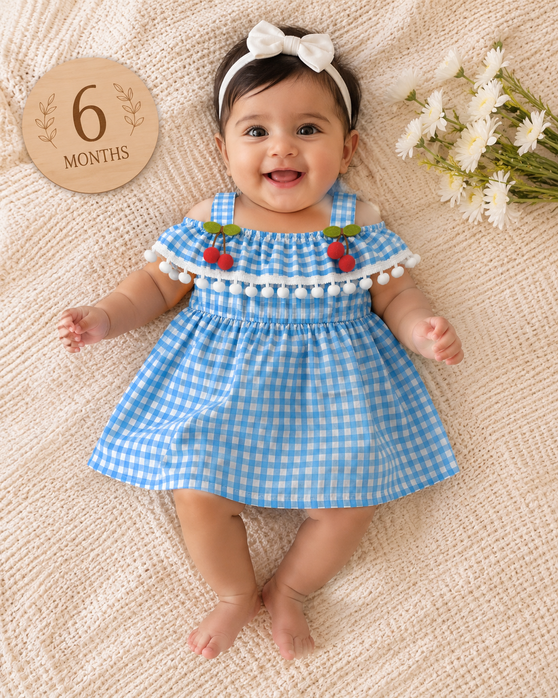 Baby Girls Blue Gingham Cherry Dress