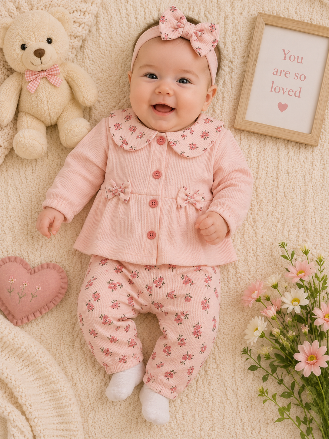Baby Girls Floral Waffle Knit 2-Piece Outfit Set