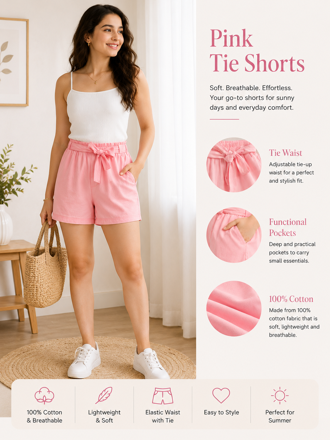 Women' Pink Tie-Waist Cotton Shorts
