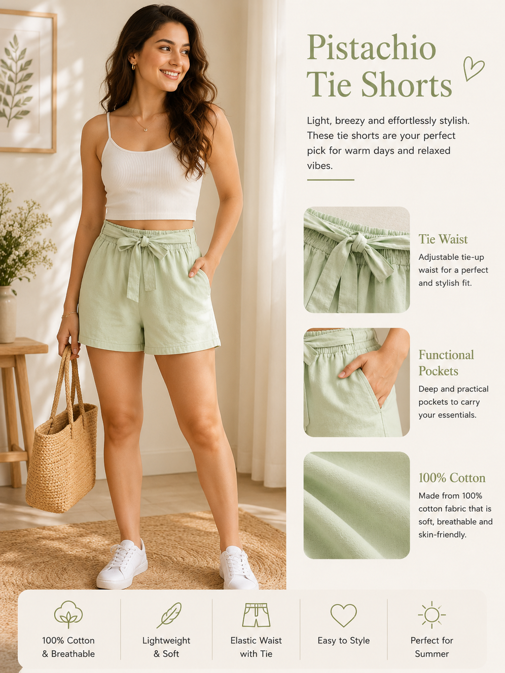 Women's Pistachio Tie-Waist Cotton Shorts