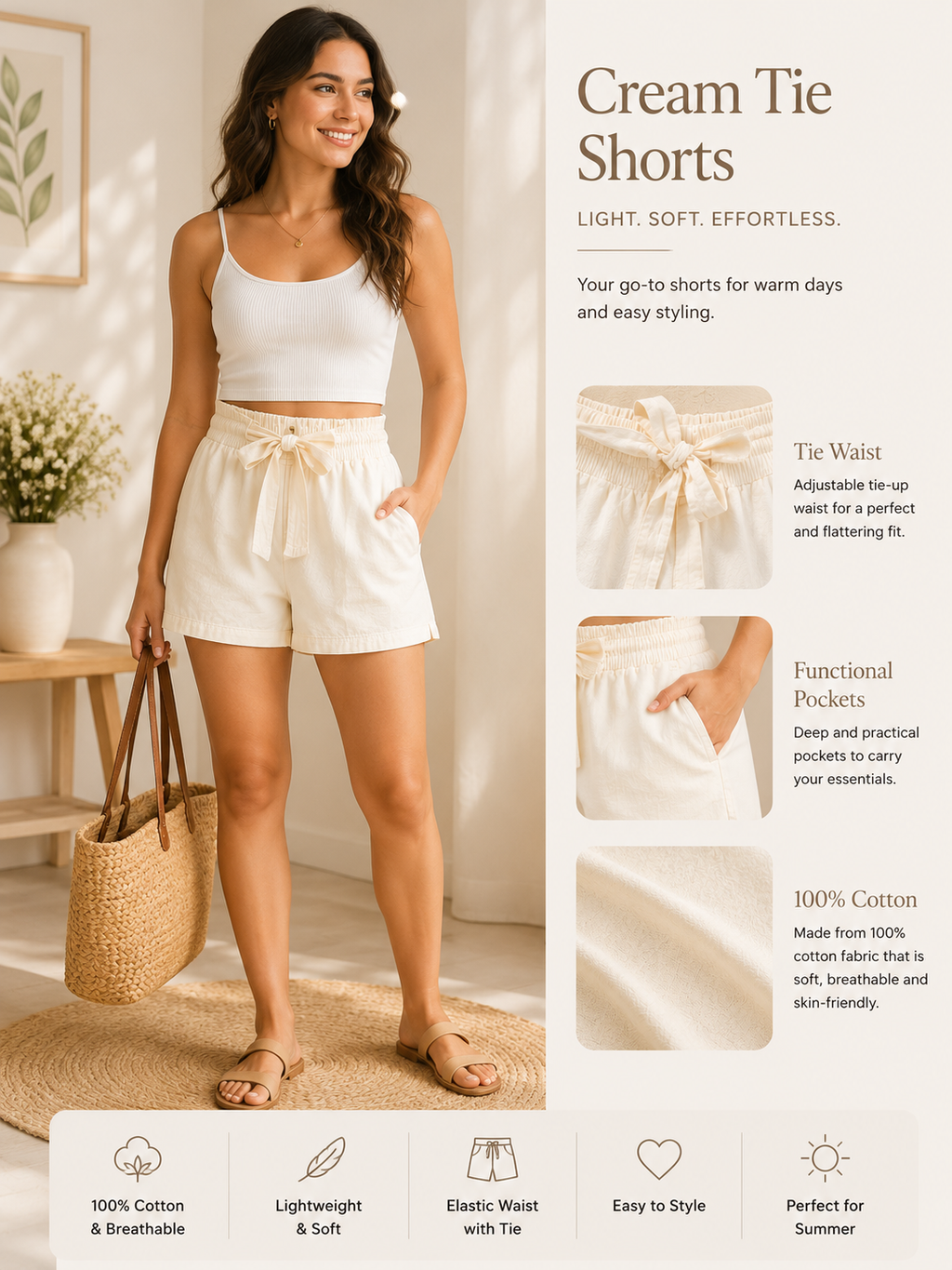Women's Cream Tie-Waist Cotton Shorts