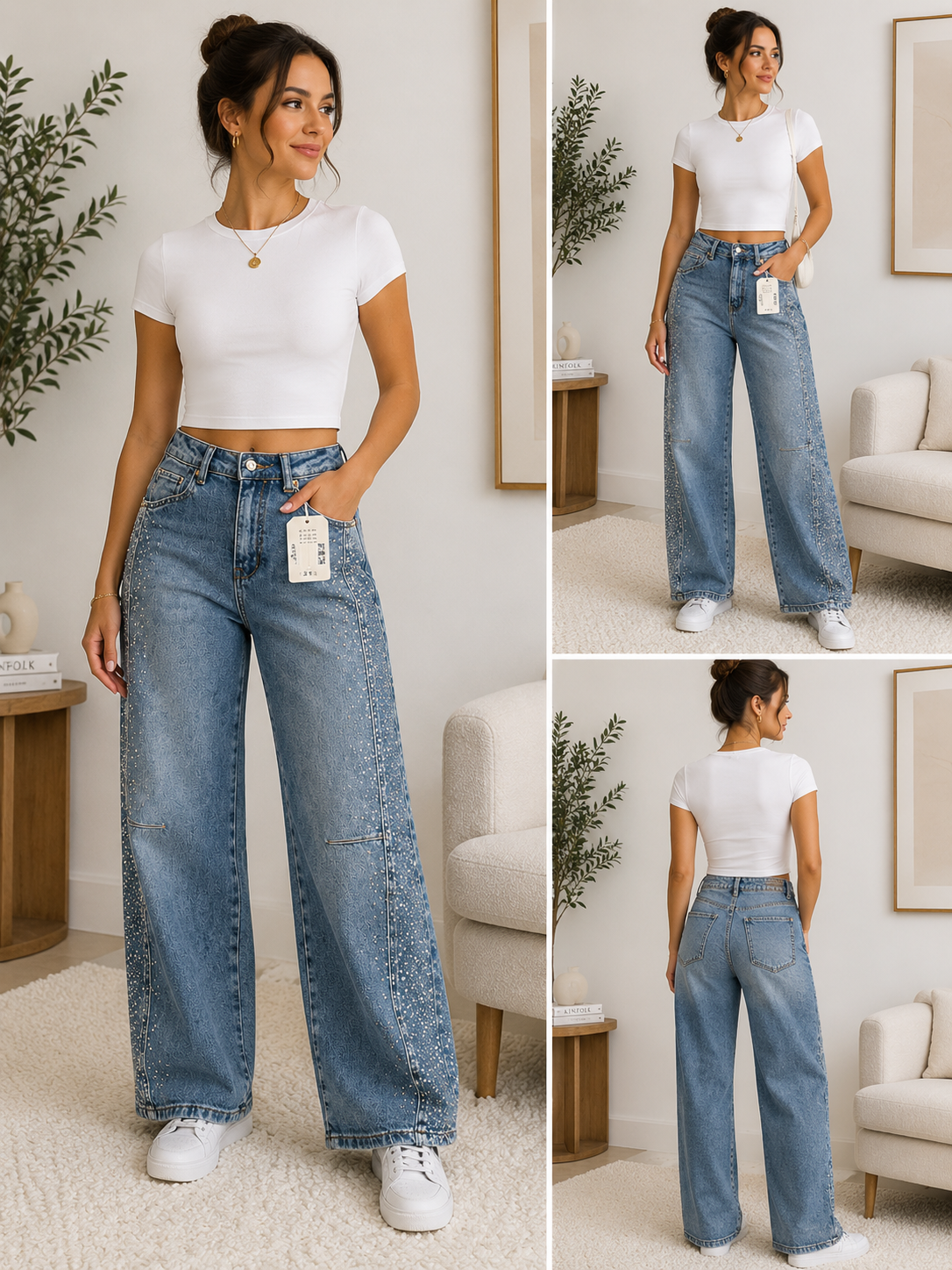 Women's Rhinestone Wide-Leg Jeans